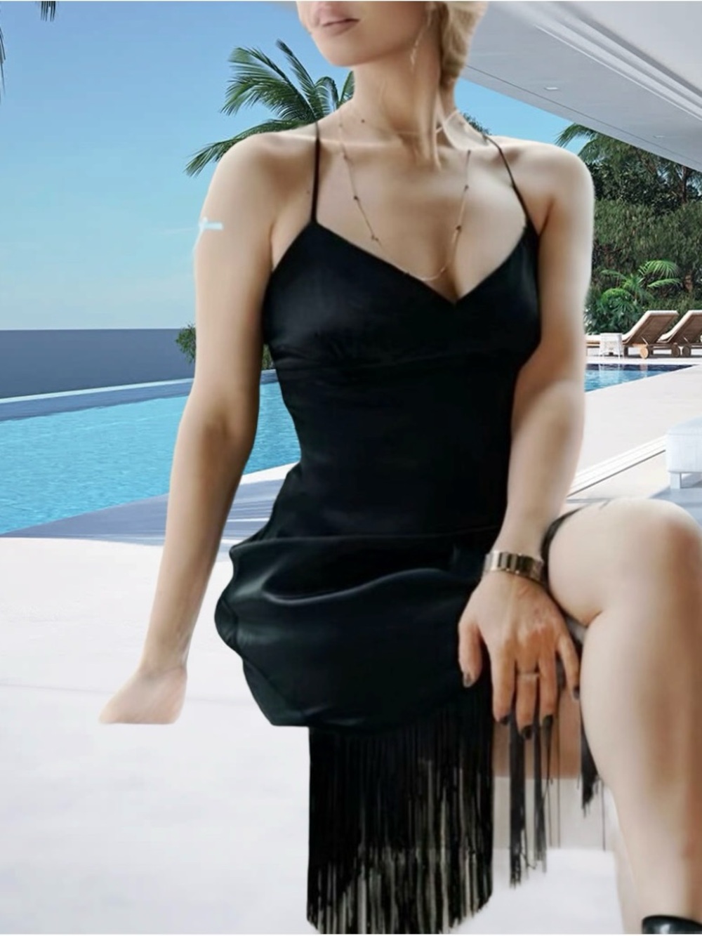 🎉New Zara Black Fringe Mini Slip Dress, NWT, versatile glam, chic party piece. - Picture 4 of 10